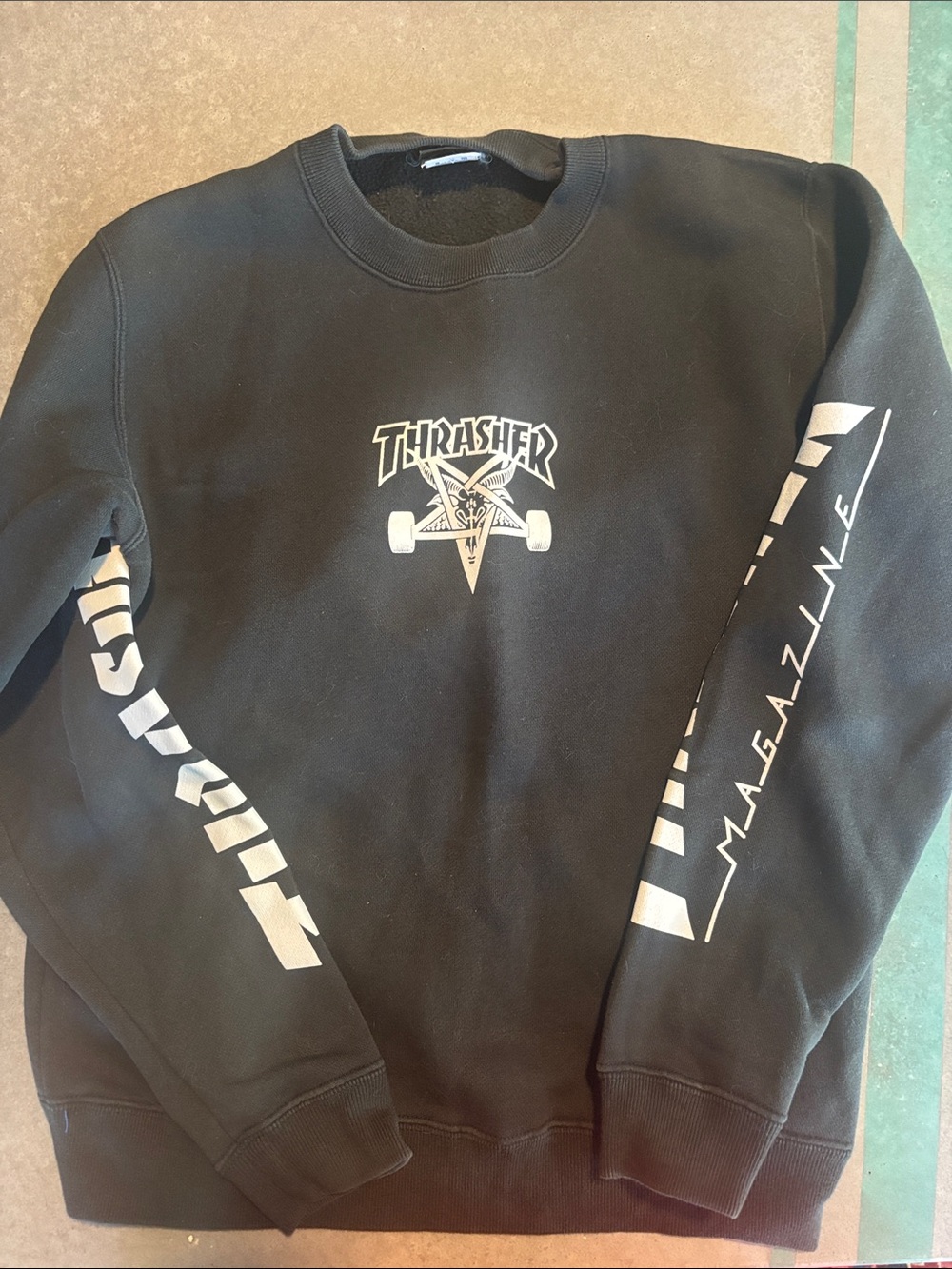Vintage Thrasher Black Crewneck with White Sleeve Graphics